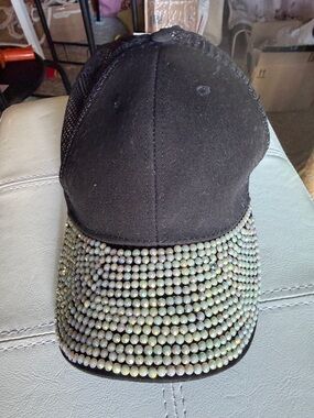 Black Mesh Baseball Cap with Iridescent Rhinestone Brim